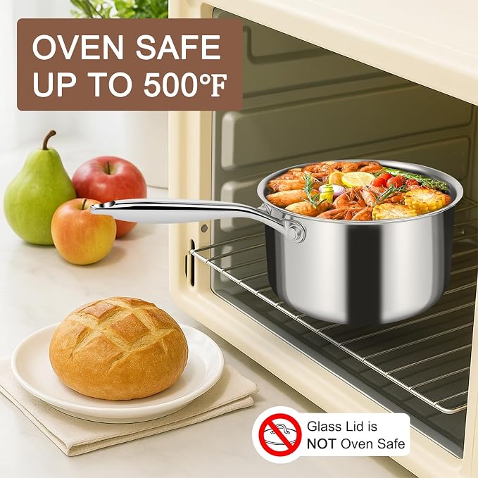 EWFEN 3 Ply Stainless Steel Saucepan with Lid, 3 Quart Multipurpose Cooking Pot, Stay-Cool Handle, Induction Oven Dishwasher Safe, 3 QT