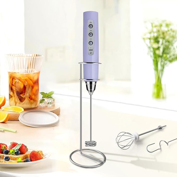 Milk Frother Wand Rechargeable Handheld Electric Whisk 3 Speed Adjustable | Coffee Frother Wand with 3 Stainless Whisks Electric Foam Maker Drink Mixer Blender for Latte Cappuccino Matcha Egg