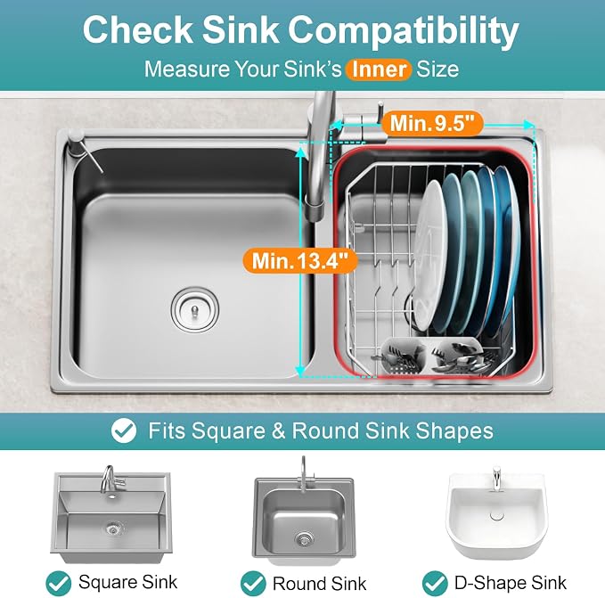 Mini in Sink Dish Drying Rack - Stainless Steel for RV Kitchen | Small Design for Apartments, Angled Corners Fit Square & Round Sinks, Utensil Holder, Cup Hooks, Save Space, 9.5" W x 13.4" L