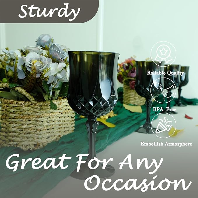 12Pack Plastic Wine Glasses, 7oz Vintage Goblets for Wedding | Unbreakable Crystal Style Reusable Stemware, Elegant Black Drinking Glass for Party Anniversary & Holiday Celebration
