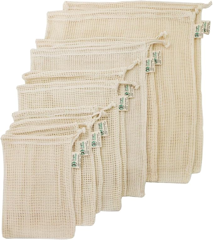 Reusable Grocery Produce Shopping and Storage Bags, Organic Cotton Mesh, Set of 10 (2 ea. XL, L, M, S, XS)