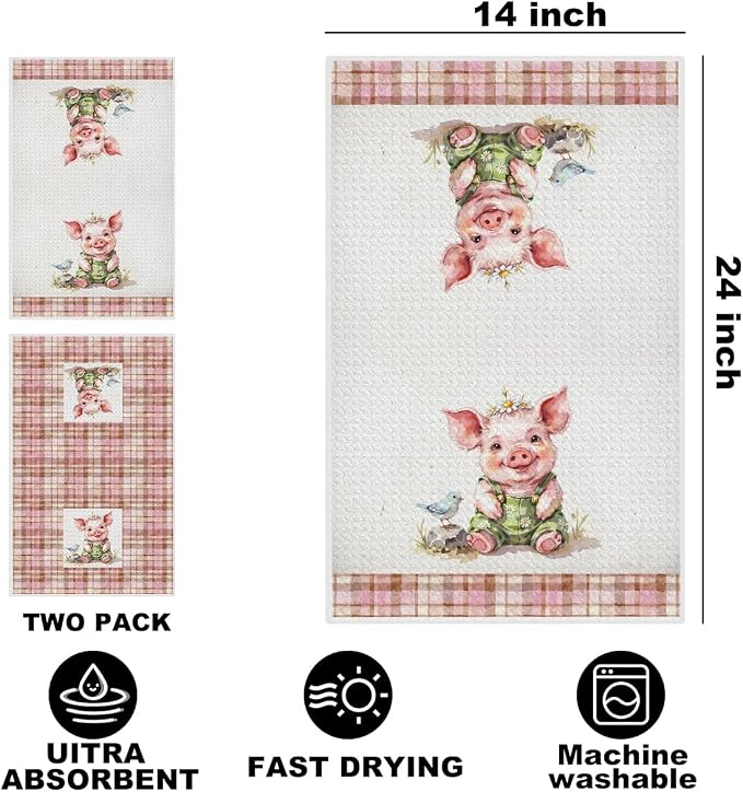 Jztco 2 Pcs Cute Pig Kitchen Towels, Plaid Pink Soft Absorbent Hand Towels | Pig Gifts for Women Mom Grandma Microfiber Dish Cloths for Drying Dishes, Waffle Dish Towels for Kitchen Bathroom Decor
