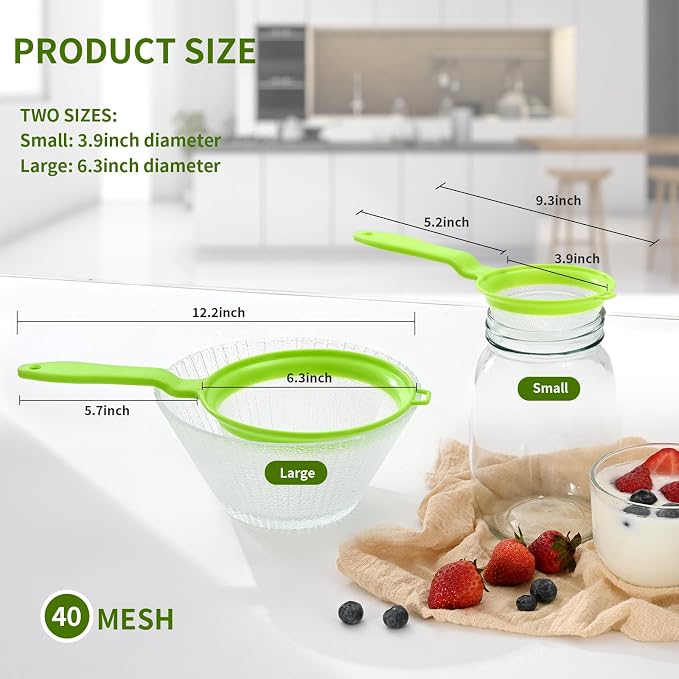 Luckyiren Kefir Strainer Set, 2-Size Plastic Non-Metal Sieve with Fine Mesh | 6.3" & 3.9" Diameter Double-size for Kefir Grains, Milk Kefir, Water Kefir & Kombucha - Durable, Food Grade & Easy Clean