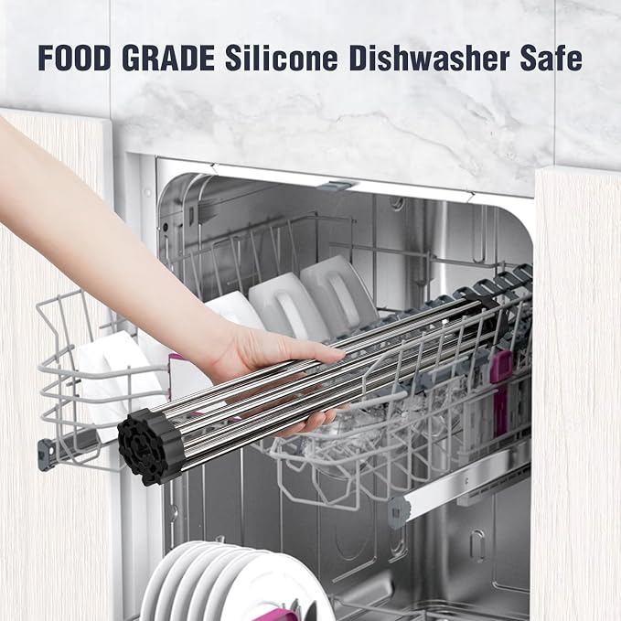 Tomorotec Roll Up Dish Drying Rack Over Sink, 304 Steel, 21x15.5, Black | Anti-Slip Silicone Rims For Grip, Heat-Resistant Trivet Mat Holding Heavy Cookware, Rustproof Kitchen Counter Space Saver