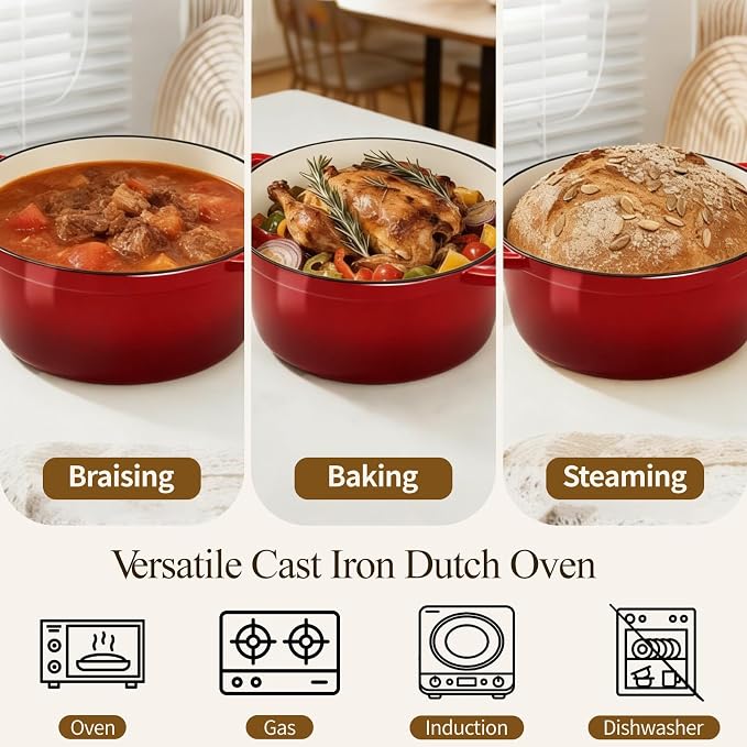 Enameled Cast Iron Dutch Oven pot 6.5 QT with Lid for Bread Baking | Cookware incl. Sourdough Bread-Baking Supplies like Banneton, Dough Whisk, Gloves, Oven Safe for Stews, Roasting, Cherry Red