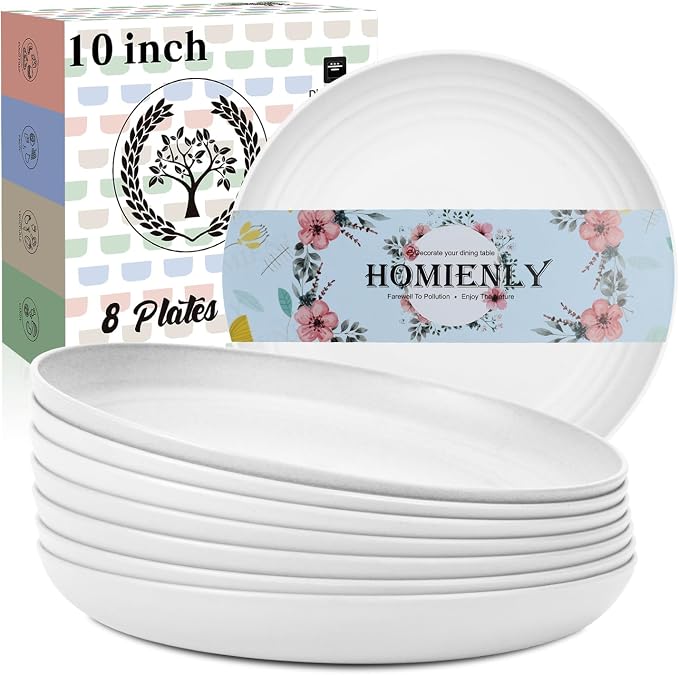 Deep Dinner Plates, Wheat Straw Plates 10 inch Set of 8, Unbreakable Plates for Kitchen, Kids, Lightweight Microwave and Dishwasher Safe Camping Plate Set for Salad, Dinner, Fruit - White