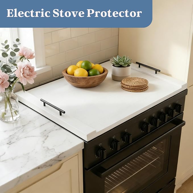 White Stove Top Cover for Gas & Electric Range | 30"x22" Farmhouse Noodle Board with Handles | RV Kitchen Workspace Saver