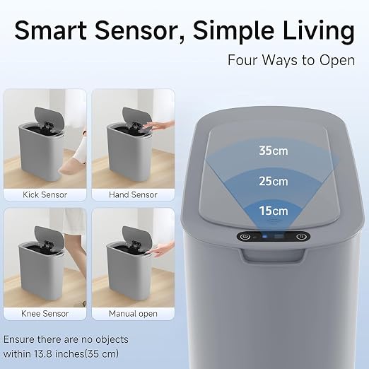 TIPGO Automatic Motion Sensor Bathroom Trash Can with Lid, 2.6 Gallon Touchless Trash Bin, Smart Garbage Can Plastic Slim Wastebasket for Bedroom, Office, Dorm (Grey)