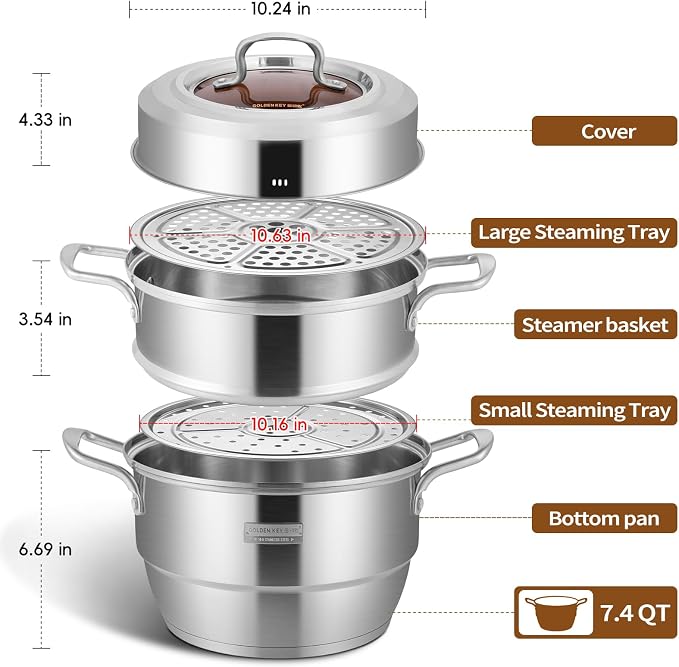 GOLDEN KEY 7.4 QT Steamer for Cooking, 2-Tier Multipurpose 18/8 Stainless Steel Steamer Pot with Lid for Vegetable, Seafood, Rice, Dumplings, Works with Gas Electric Induction Stove
