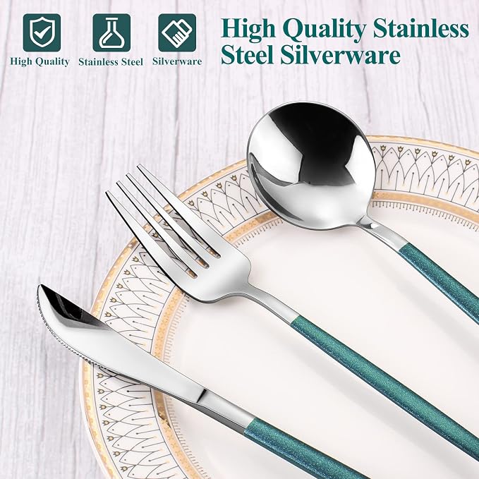 VANVRO Mirror Silver Green Silverware Set, 20-Piece Stainless Steel Flatware Set, Satin Finish tableware Cutlery Set, Service for 4, Home and Restaurant, Dishwasher Safe