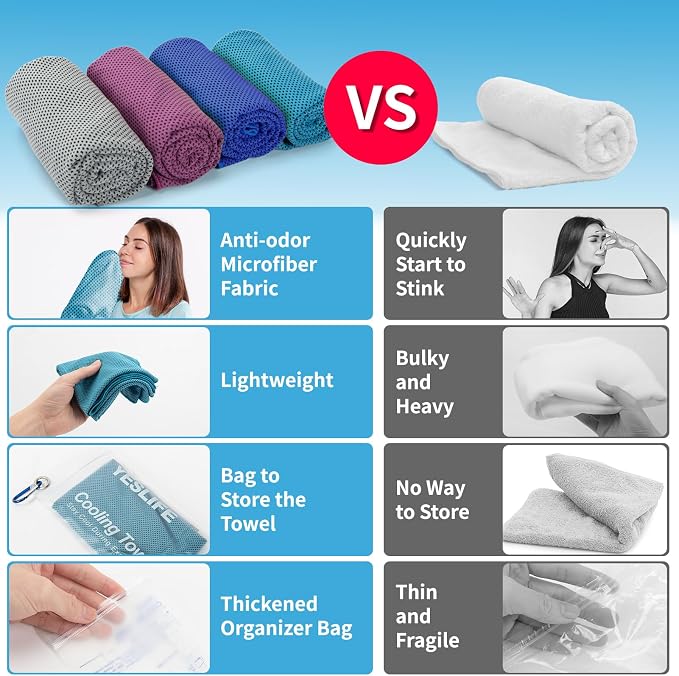 YESLIFE Cooling Towels, 4-Pack 40"x12", Multicolor Set C | Microfiber gym towels, soft breathable neck wrap, cooling towel for yoga running sport camping, Multicolor, 4-pack