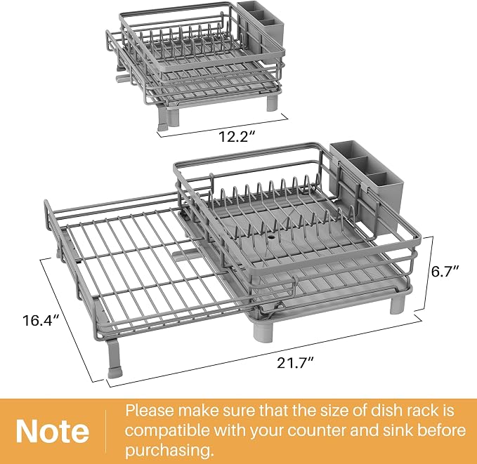 SNTD Expandable Dish Drying Rack for Kitchen Counter, Stainless Steel, Grey | Foldable Over Sink, Large Capacity, Adjust to Fit Most Sinks, Angled Drainboard, Removable Utensil Holder, Slip Resistant