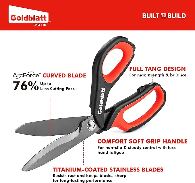 Goldblatt 10-Inch Heavy Duty Scissors, Multipurpose Shop Scissors | Curved Titanium Blades and Serrated Edge for Easy Cutting of Aluminum Sheets, Pruning, Rope and Leather