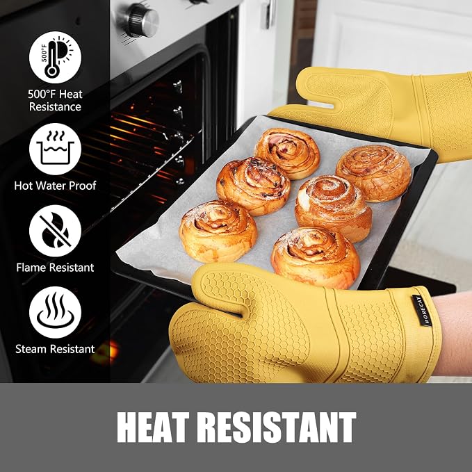 RORECAY Silicone Oven Mitts and Pot Holders Sets, Kitchen Gloves, Yellow | Set of 6 Kitchen Mitts for Baking & Cooking, Heat Resistant 500 ℉, 12.7" Extra Long, Non-Slip & Waterproof, Quilted Cotton