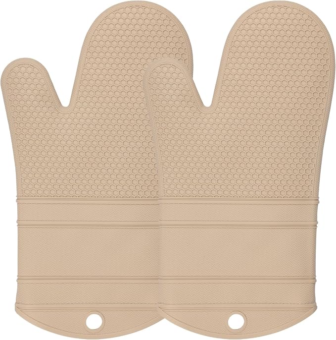 YUTAT Silicone Oven Mitts,Heat Resistant 2PCS Oven Mitts with Soft Polyester Filling,Perfect for Baking and Cooking,Khaki