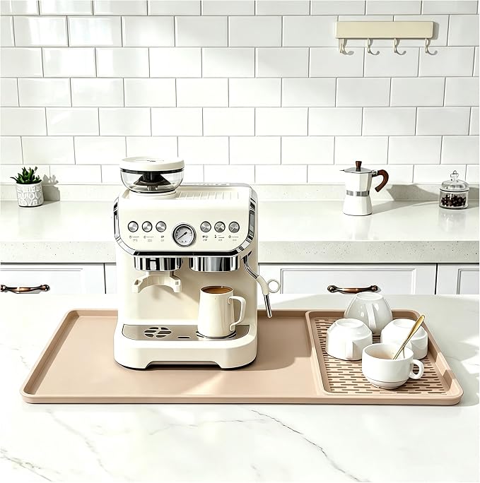 Caketime 2 In 1 Silicone Coffee Bar Mat Accessories for espresso Machine with Detachable Dish Drying Rug Waterproof Kitchen Office House Gadgets Under Sink Drainer 2026 Must Haves 16"x16" Beige