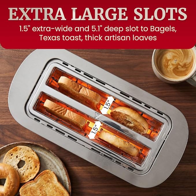 Elite Gourmet ECT5500 4-Slice Long Slot Toaster, Stainless Steel | Fully Automatic Motorized, Digital Touchscreen, 6 Browning Levels, Bagel, Defrost & Reheat, Extra-Wide Slots for Bagels
