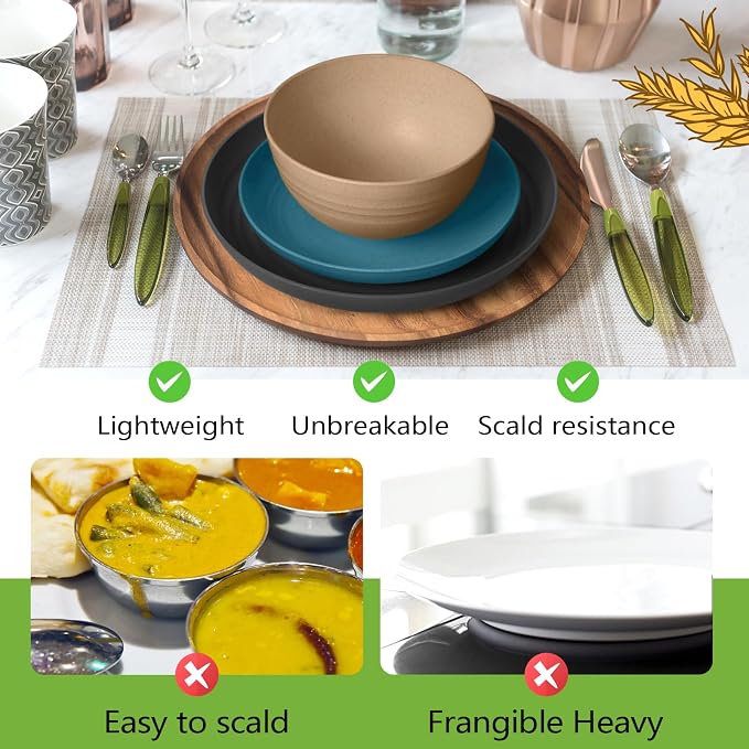 Teivio 32-Piece Plates and Bowls Sets for 8, Cerulean Hues Dinnerware Sets | 13.5oz Cups, Plastic Wheat Straw Unbreakable Dish Set, Dishwasher Safe, for Outdoor Camping RV Apartment Essentials Plate Set