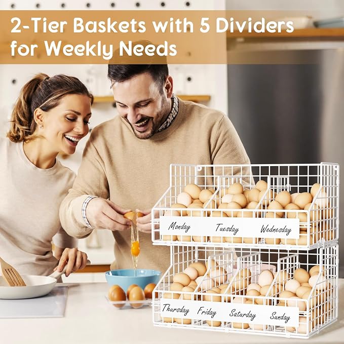 Egg Holder Countertop with 5 Dividers & DIY Labels to Separate Eggs, 2-Tier Stackable Wire Baskets, XXL Egg Basket for Gathering Fresh Eggs - Egg Organizer for Wall-Mounted(Patent Pending), White