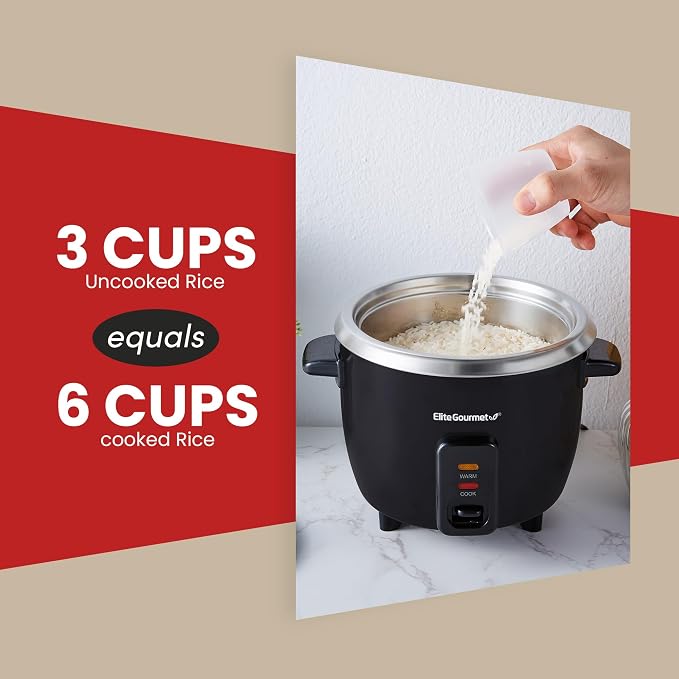 Elite Gourmet ERC003BX Rice Cooker, Keep Warm, Black, 6 Cups Cooked | 3 Cups Uncooked - Also Makes Soups, Stews, Grains and Hot Cereals for Versatile One-Pot Meals