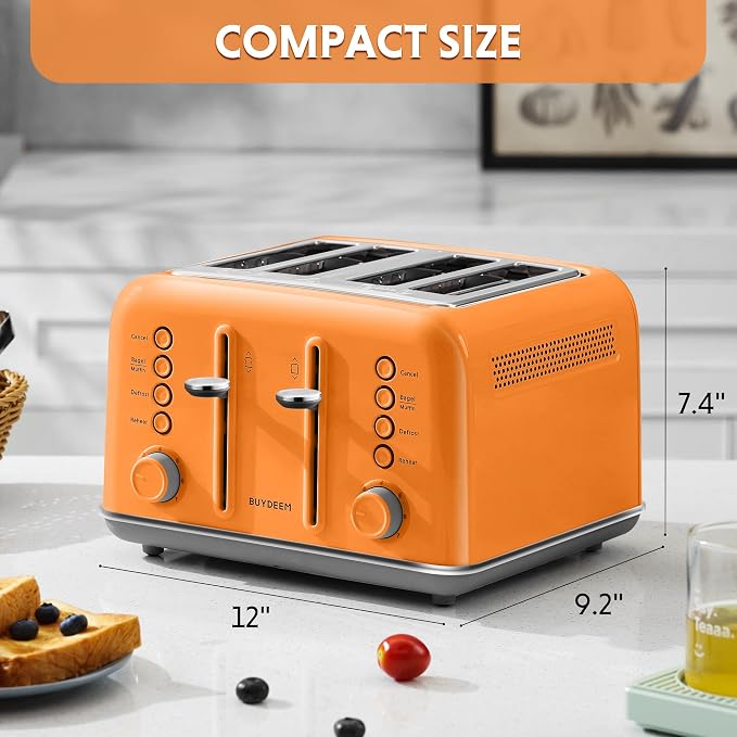 BUYDEEM DT640 4-Slice Toaster, 7 Shade Settings, Extra Wide 1.5’’ Slots for Bagel & English Muffin, 6 Toasting Functions, Retro Stainless Steel Toaster with High Lift Lever, 1800W, Orange
