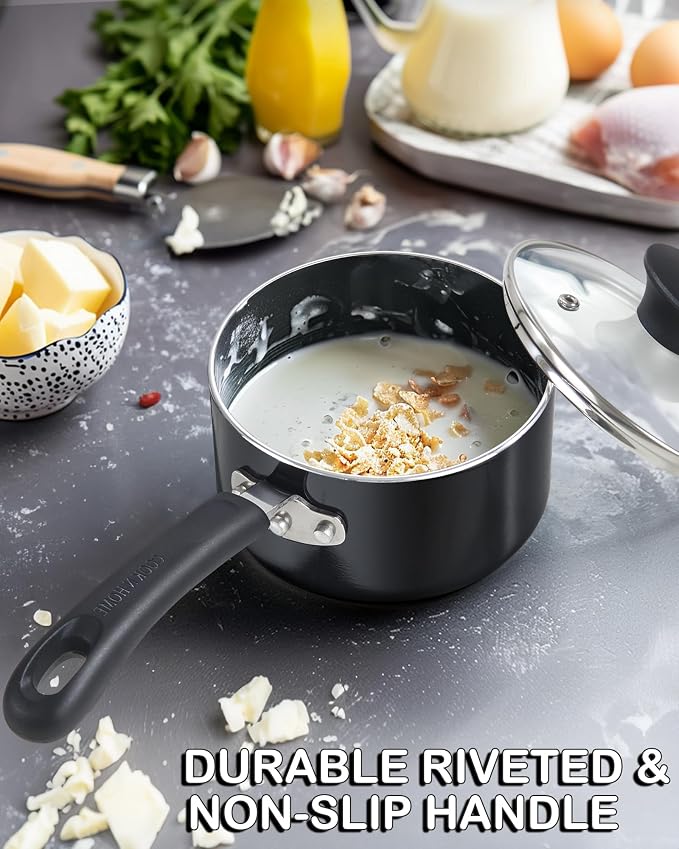 Cook N Home Basic 1 Quart Nonstick Saucepan with Glass Lid, Small Non Stick Aluminum Sauce Pan, Multi-Purpose Milk Chocolate Cooking Pot with Stay-Cool Handle, Black | Nonstick Aluminum Sauce Pan, Multi-Purpose Milk Chocolate Cooking Pot with Stay-Cool...