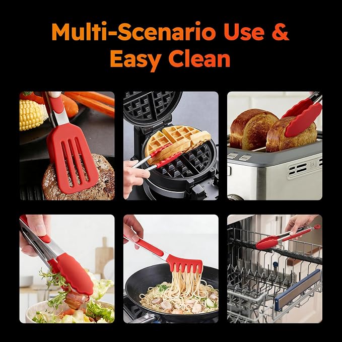 HST 3 Pack Kitchen Tongs, Non Stick Stainless Steel 9 Inch Tongs With Silicone Tip for Cooking BBQ Baking(Red)