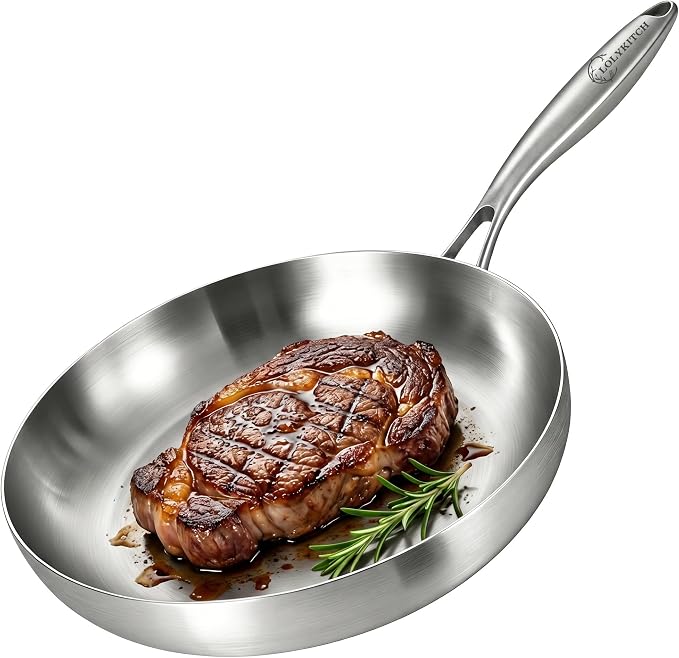 LOLYKITCH 10.25 Inch Small Frying Pan | Tri-Ply Stainless Steel Skillet | Fast & Even Heating | Stay-Cool Detachable Handle | Dishwasher and Oven Safe | Induction Ready | For Modern Home Kitchens