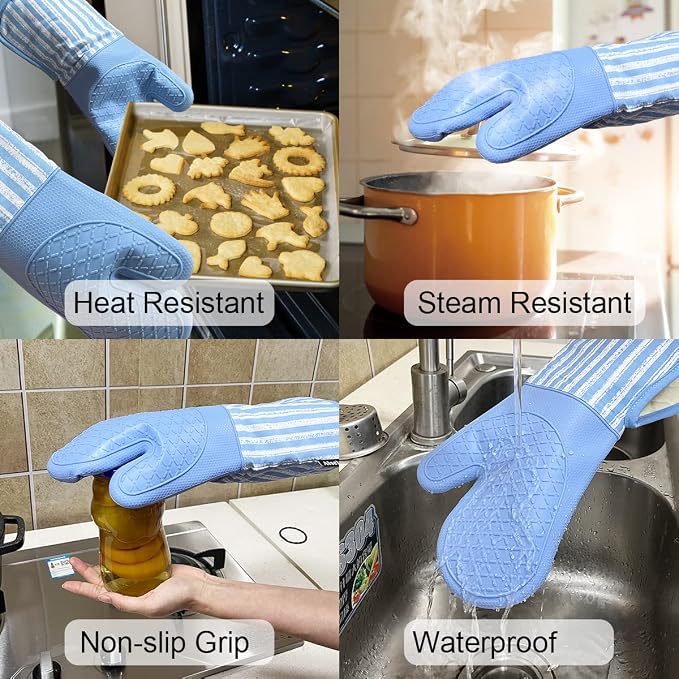 Alselo Silicone Oven Mitts Heat Resistant 932℉ with Waterproof & Non-Slip | Kitchen Mittens Set of 2,Extra Long Oven Gloves with Soft Cotton Terry Lining for Baking Cooking Barbecue (Blue,2)