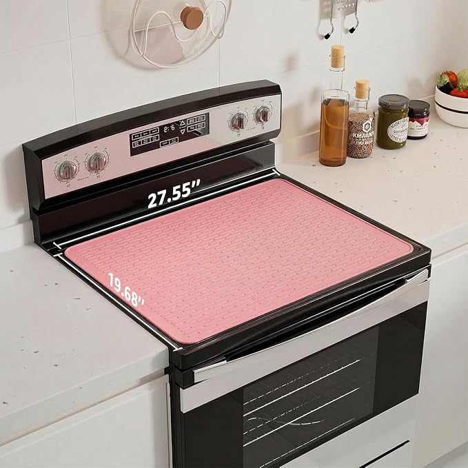 Stove Top Cover for Electric Stove - Food Grade Ceramic Stove top Cover, Silicone XXL Dish Drying Mat, Glass Cooktop Covers, Flat RV Range top Mats (Pink Thickened,28x20)