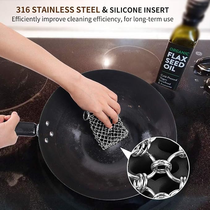 Herda 316L Cast Iron Scrubber Cleaner, Large Chainmail Cast Iron Cleaner | Honeycomb Silicone Insert,Flexible,Stainless Steel Chain Mail Metal Sponge Scrub Skillets,Oven,Flat Top,Grill Pan Pot Brush