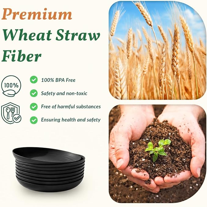 Wheat Straw Plates Sets 8 PCS Unbreakable Plastic Plates for Party, Camping, Picnic, Stackable Deep Dinner Plates Set Microwave & Dishwasher Safe Kitchen Plates for Dessert (Black, 9 inch)