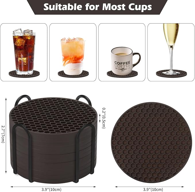 TWTLi Silicone Coasters Set of 12 with Holder — Non-Slip Drink Coasters for Coffee Table, Home Bar & Kitchen, Protects Wood & Marble Surfaces from Water Rings, Dishwasher Safe (Coffee)
