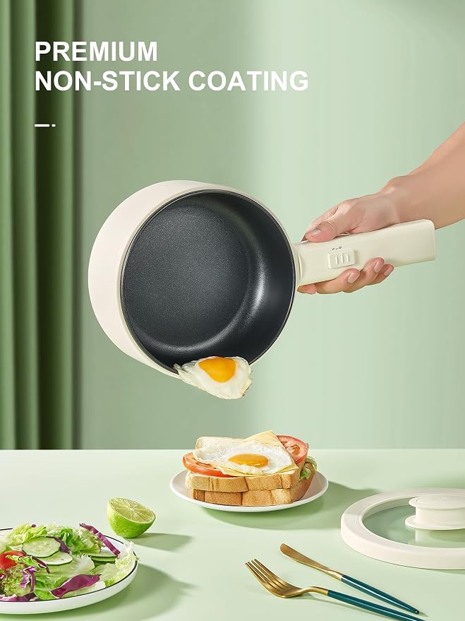 Hot Pot Electric With Steamer, 1.6L Ramen Cooker Non-Stick Sauté Pan | for Steak, Egg, Fried Rice, Ramen, Oatmeal, Soup, Portable Personal Perfect Suit Dorm Room and Apartment (White)