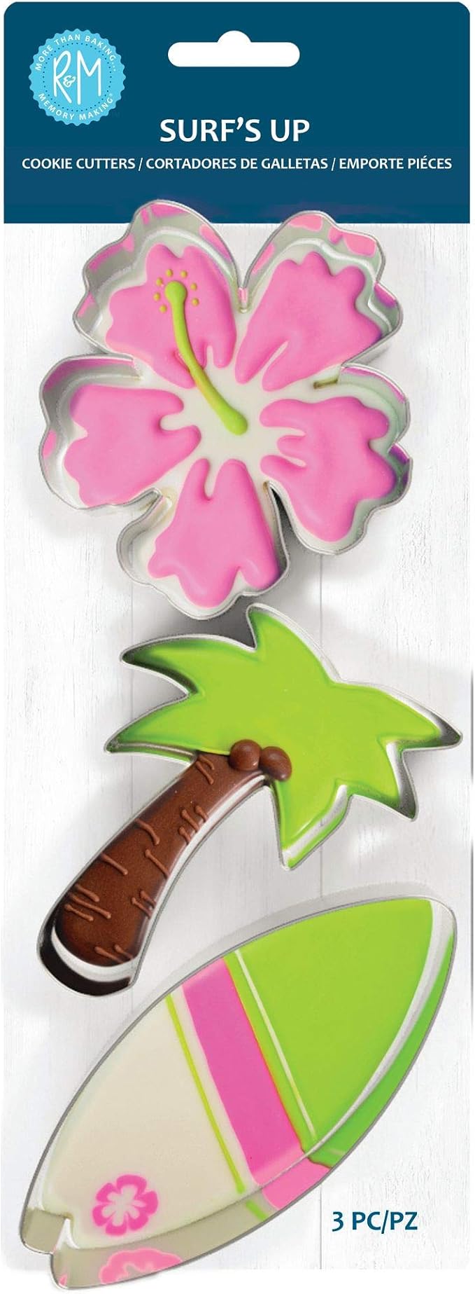R&M Surf's Up Beach Themed Cookie Cutter 3 Piece Set. Includes Hibiscus Flower, Palm Tree and Surfboard Cookie Cutter.