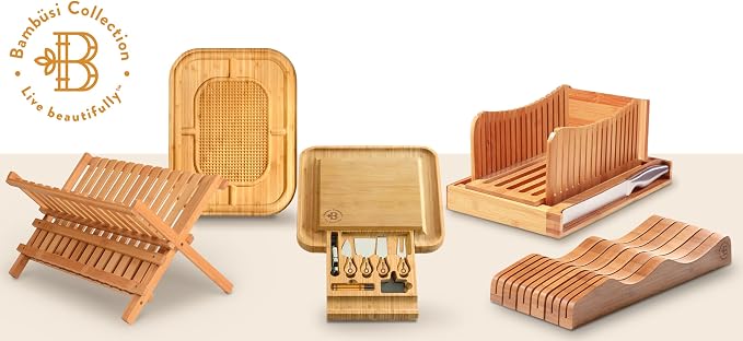 Bambüsi Collapsible Dish Drying Rack, Foldable Kitchen Counter Dish Drainer | Dish Rack Folds Flat, Space-Saving Bamboo Strainer, No Assembly, Holds Plates Cups Bowls Mugs Utensils, for Home, RV, Dorm