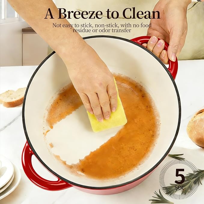 Enameled Cast Iron Dutch Oven pot 6.5 QT with Lid for Bread Baking | Cookware incl. Sourdough Bread-Baking Supplies like Banneton, Dough Whisk, Gloves, Oven Safe for Stews, Roasting, Cherry Red