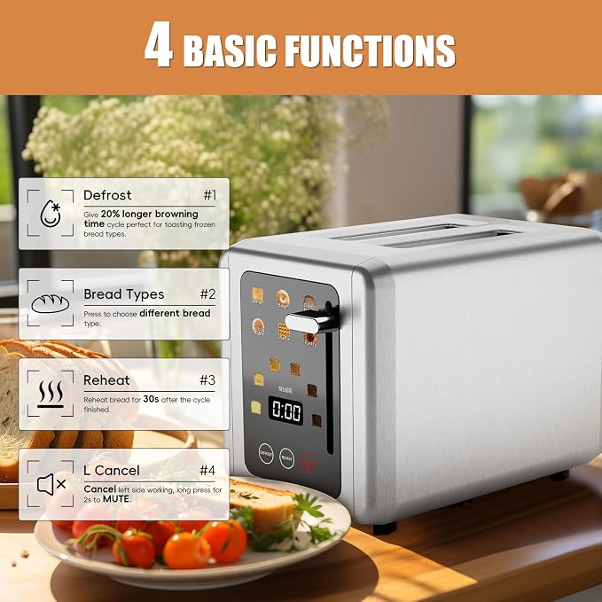 WUNLY 2 Slice Stainless Steel Smart Digital Timer Touch Screen Toaster | 6 Bread Types & 6 Shade Settings,Extra Wide Slots Toaster with Bagel,Defrost & Reheat Functions,Sound Function,Titanium