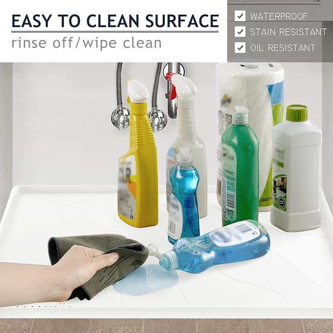 Premium Under Sink Mats for Kitchen Waterproof 34" x 22", Extra Thick Non-Slip Silicone Under Sink Liner Drip Tray, Raised Edge Under Sink Cabinet Mat,Prevent Drips, Leaks, Spills,White