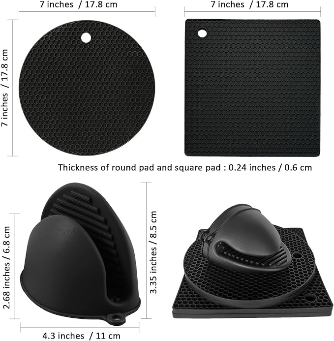 Silicone Trivet Pot Mat and Oven Mitts Sets | Heat Resistant Pot Holder and Mini Non-Slip & Flexible Oven Gloves for Kitchen Baking Cooking, Black