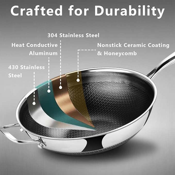 SAKAMOSH Hybrid 12inch Wok with Lid, Stainless Steel Woks & Stir-Fry Pans Nonstick, Non Toxic, PFAS PFOA PTFE Free, Dishwasher and Oven Safe, Works on Induction