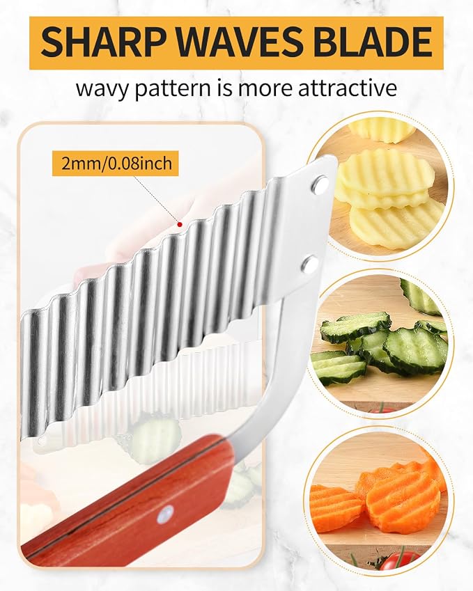 2 Pcs Crinkle Cutter Potato Slicer Wavy Chopping Tool French Fry Veggies | Heavy Duty Wooden Handle Sharp and Deep Waves Crinkle Cutting Set for Carrot Zucchini Pickled Cucumber Dishwasher Safety