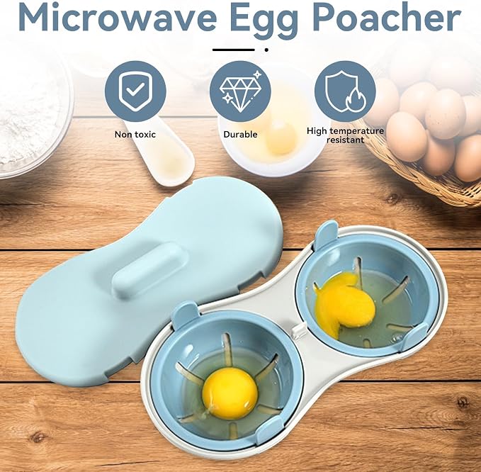 Microwave Egg Poacher, 2 Cavity Egg Cooker poached Egg Cup Egg Poacher Microwave Egg Cooker Egg Steamer for Kitchen Cooking Gadgets Blue