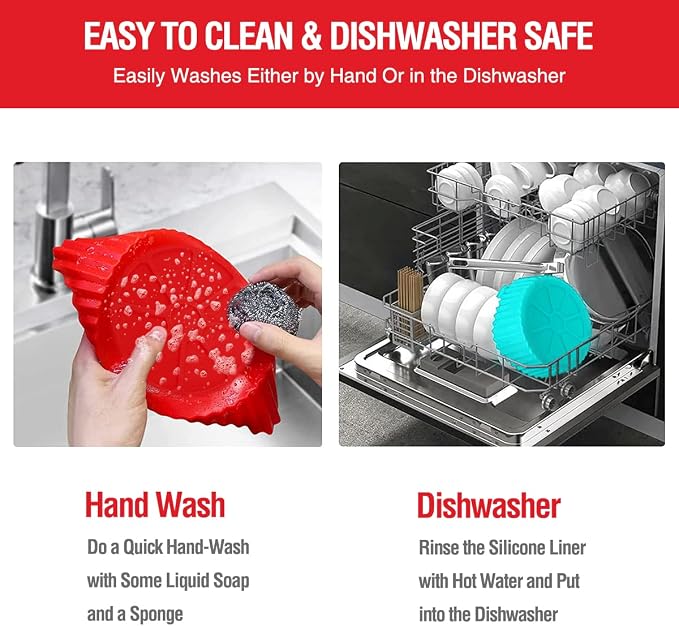 2 Pack Air Fryer Silicone Liners Pot for 3 to 5 QT, Basket Bowl, Replacement of Flammable Parchment Paper, Reusable Baking Tray Oven Accessories, Red+Blue, (Top 8in, Bottom 6.75in)