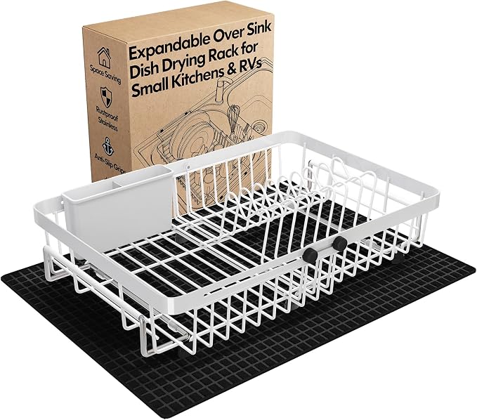 White Dish Drying Rack Over The Sink with Utensil Holder, Mat | Expandable Stainless Steel Dish Drainer for Small Kitchen, Apartment, RV, Counter Space Saving, Perfect Fit, Rustproof