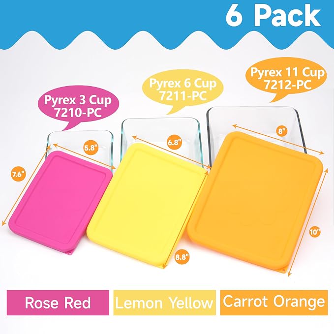 3 Cup 6 Cup 11 Cup Rectangle Silicone Storage Cover Lids Replacement for Pyrex 7210-PC, 7211-PC, 7212-PC Glass Bowls, (Container not Included) 6 Pack, Microwave, Dishwasher and Freezer Safe
