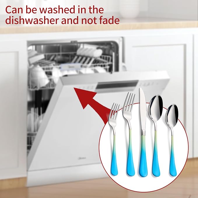 Colorful Silverware Set 20 Piece 18/0 Stainless Steel Flatware Blue and Yellow Handle Cutlery Set Service for 4 Fork Knife Spoon Set Mirror Finish Dishwasher Safe