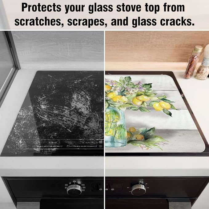 Lemon Stove Top Cover for Electric Stoves,Spring Summer Colorful Farmhouse Stove Top Cover for Kitchen Decor,Heat Resistant Cooktop Protector Mat,Non-Slip Washable Dish Drying Mat 28"x20"