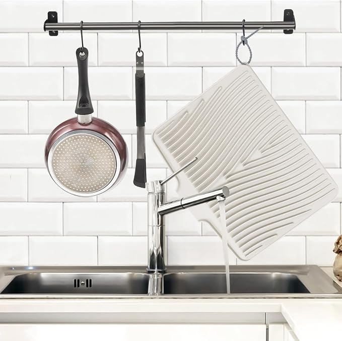 TIKNIK Silicone Dish Drying Mat for Kitchen Counter, Cream-1pcs, 16" x 12" | Heat Resistant & Non-Slip Dish Drain Pad with Built-In Drain, Dishwasher Safe, Quick-Dry, Hangable & Roll-Up for Storage