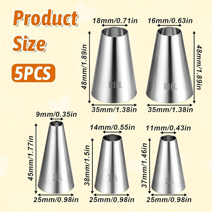 5PCS Large Piping Tips for Cake Decorating Round Hole Piping Tips Set Cupcake Frosting Nozzles Stainless Steel Professional Baking Decoration Tools for Cake Cookies Pastry Fondant Cream Bag Filler